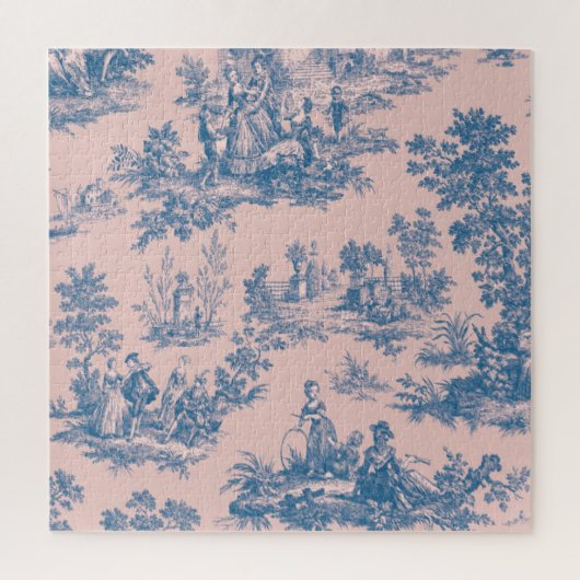 Frans toile de jouy blauw en roze elegant legpuzzel (Verticaal)