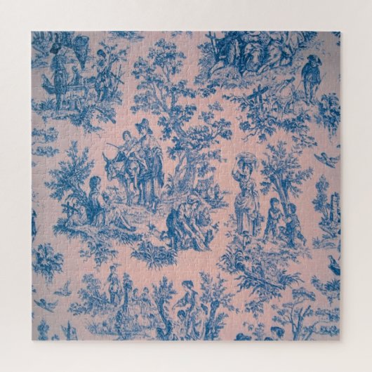 Frans toile de jouy blauw en roze elegant legpuzzel (Verticaal)