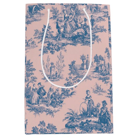 Frans toile de jouy blauw en roze elegant medium cadeauzakje (Voorkant)
