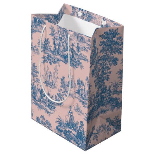 Frans toile de jouy blauw en roze elegant medium cadeauzakje (Achterkant Gekanteld)