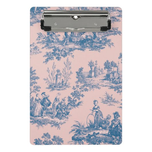 Frans toile de jouy blauw en roze elegant mini klembord (Voorkant)