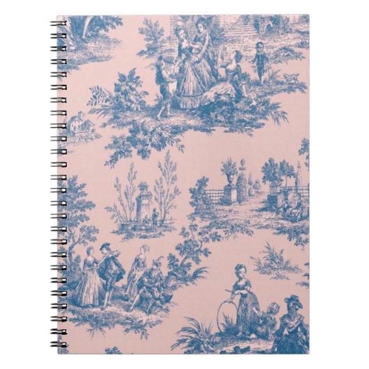 Frans toile de jouy blauw en roze elegant notitieboek (Voorkant)