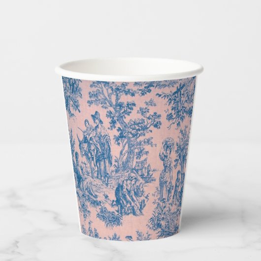 Frans toile de jouy blauw en roze elegant papieren bekers (Voorkant)