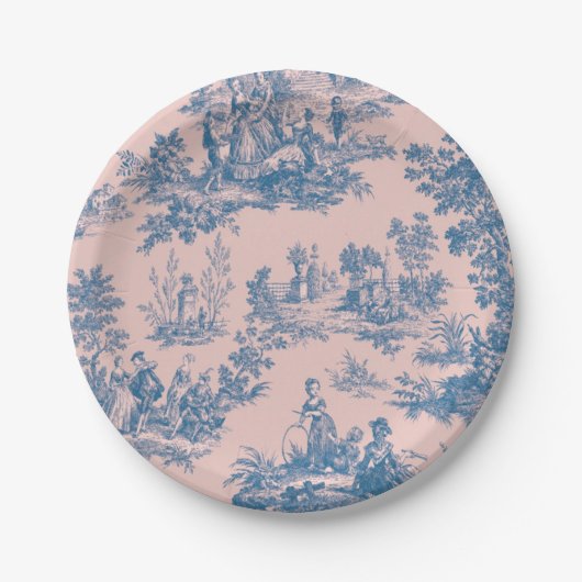 Frans toile de jouy blauw en roze elegant papieren bordje (Voorkant)