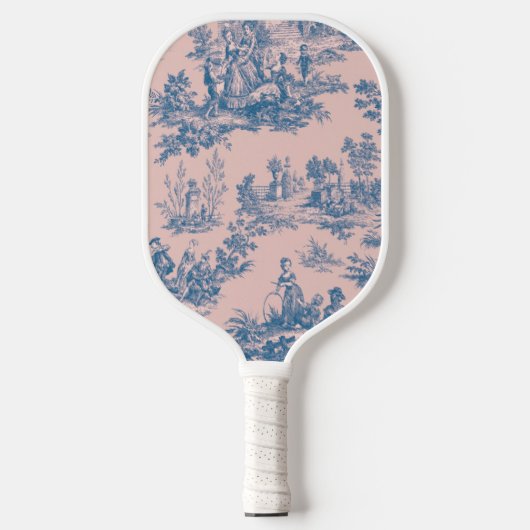 Frans toile de jouy blauw en roze elegant pickleball paddle (Voorkant)