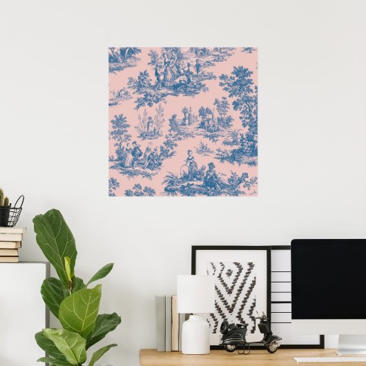 Frans toile de jouy blauw en roze elegant poster (Thuiskantoor)