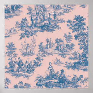 Frans toile de jouy blauw en roze elegant poster