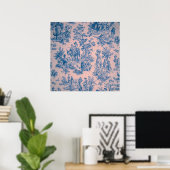 Frans toile de jouy blauw en roze elegant poster (Thuiskantoor)
