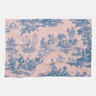 Frans toile de jouy blauw en roze elegant theedoek