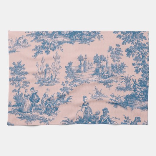 Frans toile de jouy blauw en roze elegant theedoek (Horizontaal)