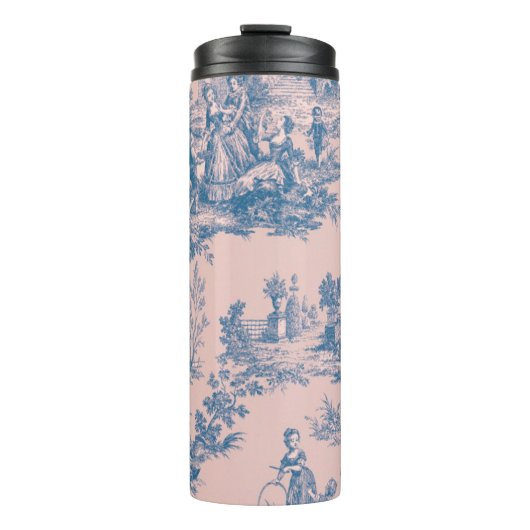 Frans toile de jouy blauw en roze elegant thermosbeker (Voorkant)