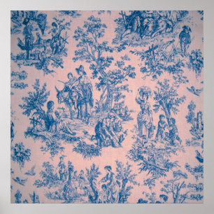 Frans toile de jouy blauw en roze poster