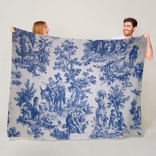 Frans toile de jouy blauw en wit elegant fleece deken (In situ)