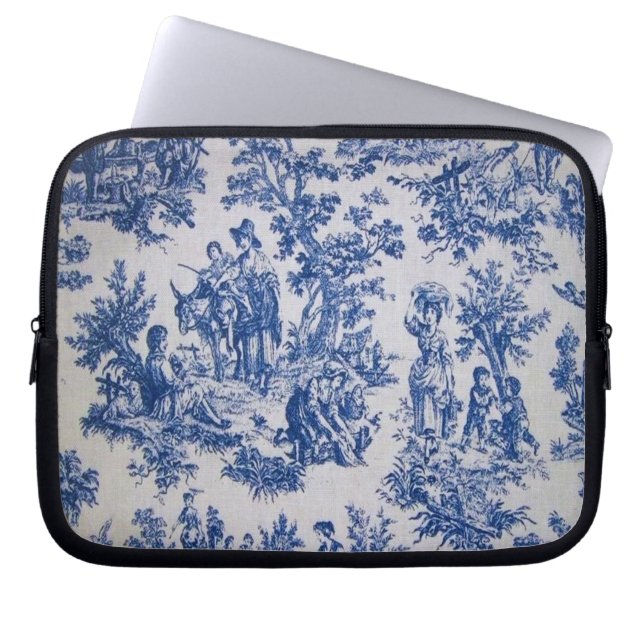 Frans toile de jouy blauw en wit elegant laptop sleeve (Voorkant)