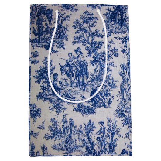 Frans toile de jouy blauw en wit elegant medium cadeauzakje (Voorkant)