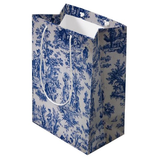 Frans toile de jouy blauw en wit elegant medium cadeauzakje (Achterkant Gekanteld)