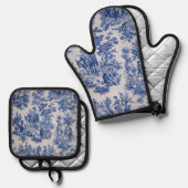 Frans toile de jouy blauw en wit elegant ovenwant & pannenlap set (Voorkant / Achterkant)