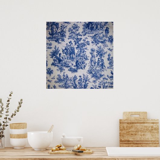 Frans toile de jouy blauw en wit elegant poster (Keuken)