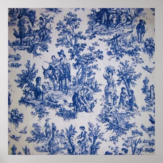 Frans toile de jouy blauw en wit elegant poster (Voorkant)