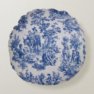 Frans toile de jouy blauw en wit elegant rond kussen