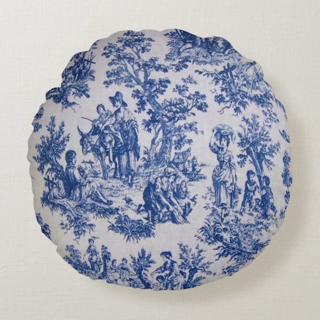 Frans toile de jouy blauw en wit elegant rond kussen (Voorkant)