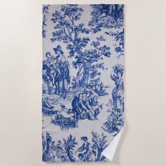 Frans toile de jouy blauw en wit elegant strandlaken (Voorkant)