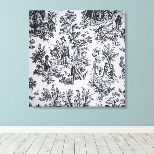 Frans toile de jouy zwart en wit elegant canvas afdruk (Insitu (Houten vloer))