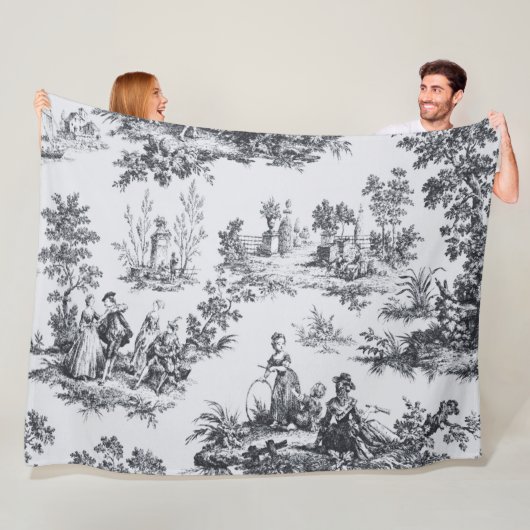 Frans toile de jouy zwart en wit elegant fleece deken (In situ)