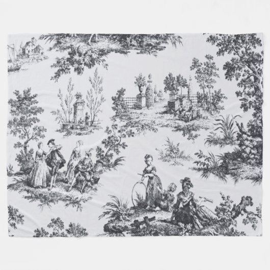 Frans toile de jouy zwart en wit elegant fleece deken (Voorkant (Horizontaal))