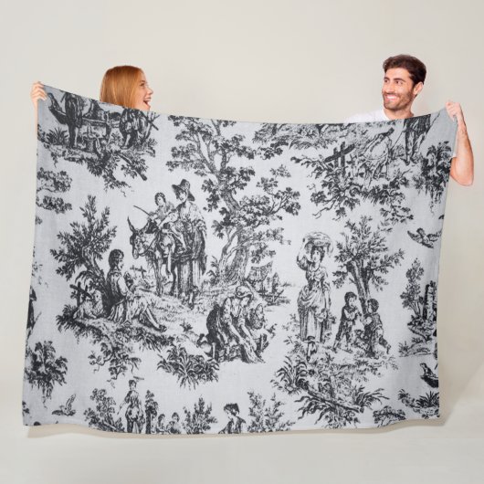 Frans toile de jouy zwart en wit elegant fleece deken (In situ)
