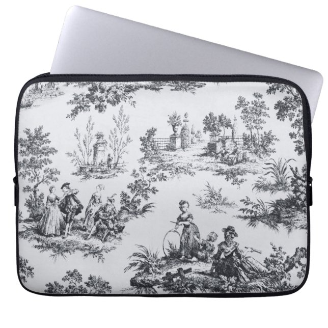Frans toile de jouy zwart en wit elegant laptop sleeve (Voorkant)