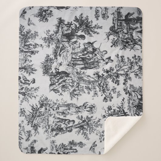 Frans toile de jouy zwart en wit elegant sherpa deken (Voorkant)