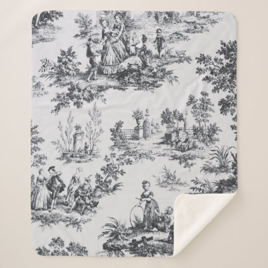 Frans toile de jouy zwart en wit elegant sherpa deken (Voorkant)