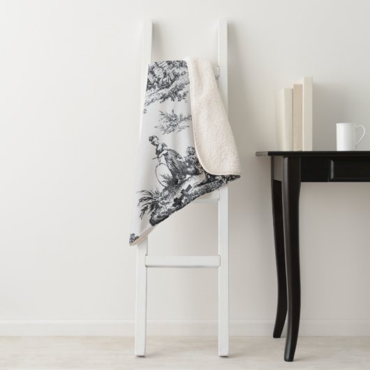 Frans toile de jouy zwart en wit elegant sherpa deken (In situ)