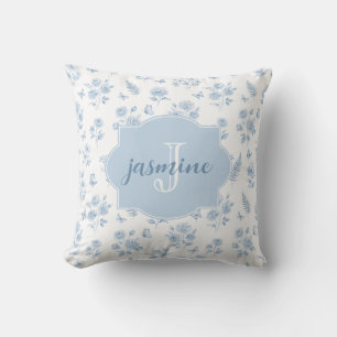 Frans Toile Monogram Naam Waterverf Blauw Patroon Kussen