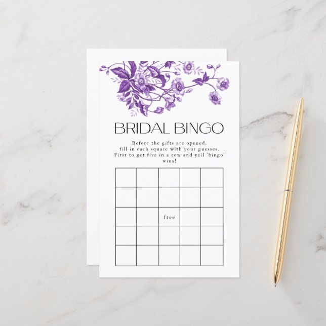 Frans Toile Paarse Bloemen Bruids Bingo Spel (Voorkant / Achterkant in situ)