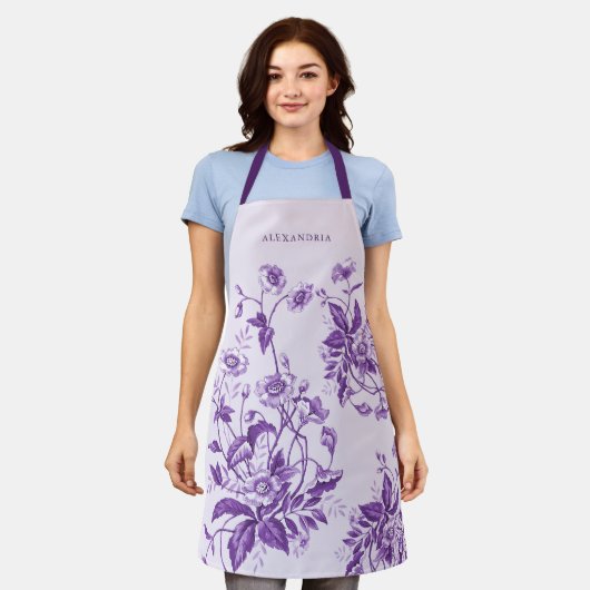 Frans Toile Paarse Bloemen Vrijgezellenfeest Schort (Gedragen)