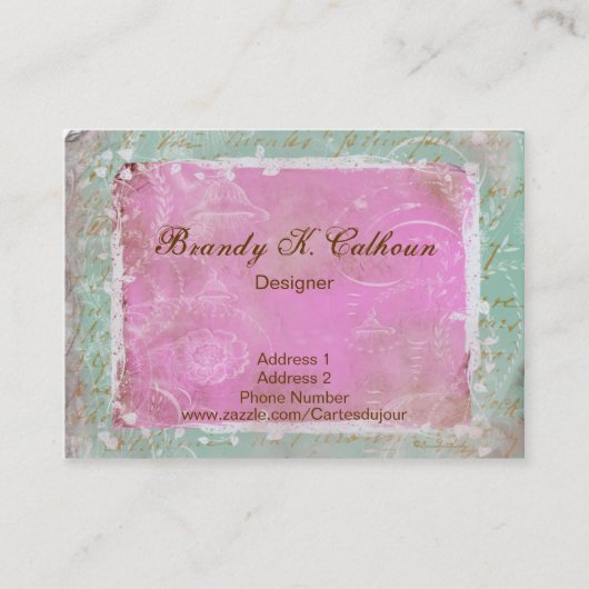 Frans Toile & Script Greenish Blue & Pink Visitekaartje (Voorkant)