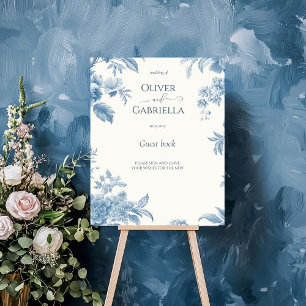 Frans toilet Blauw Bloemen Trouwen Guestbook Sign Poster