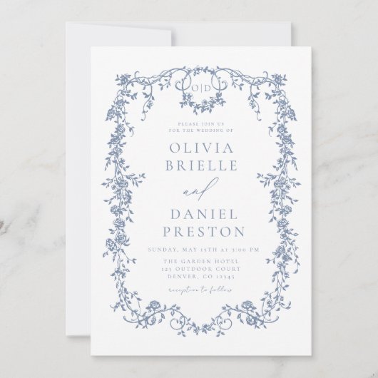 Frans Victoriaans Dusty Blue Wedding Monogram Kaart (Voorkant)