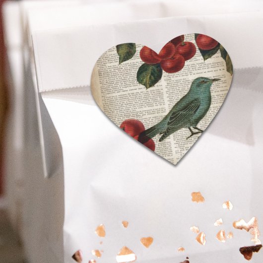 frans vogelretro botanische rode kersen hart sticker