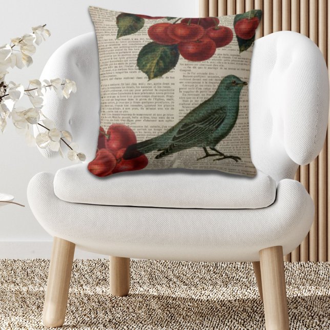 frans vogelretro botanische rode kersen kussen (french country bird retro botanical red cherry throw pillow)
