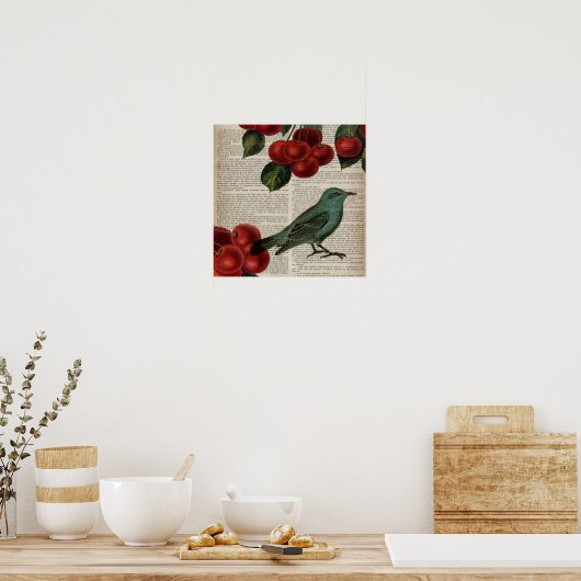 frans vogelretro botanische rode kersen poster (Keuken)