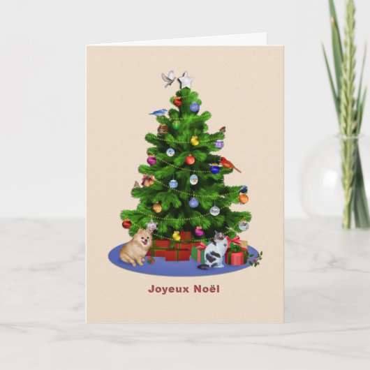 Frans, Vrolijke Kerstboom, Vogels, Kat, Hond Feestdagen Kaart (Voorkant)