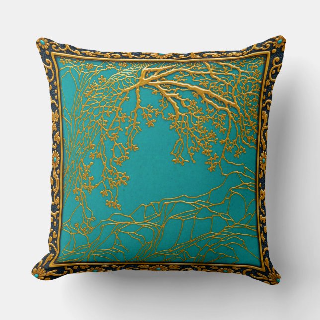 Franse Alpen Goud Turquoise+Zwart  Kussen (Voorkant)