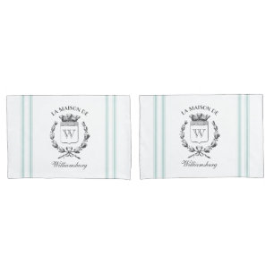 Franse Aqua Ticking Family Crest Pillowcas Kussensloop