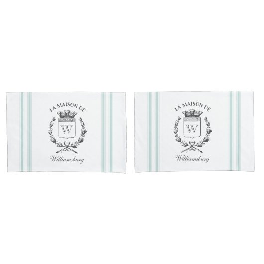 Franse Aqua Ticking Family Crest Pillowcas Kussensloop (Voorkant-Set)