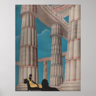  Franse Artsen Deco-vrouw met Lion Au Louvre Poster
