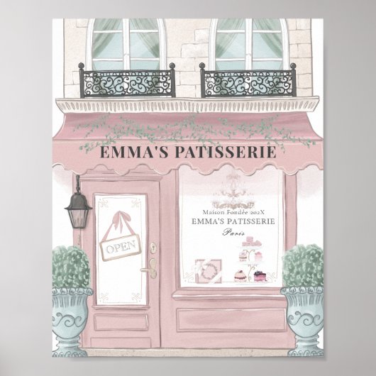 Franse bakkerij - afe Patisserie roze achtergrond Poster (Voorkant)