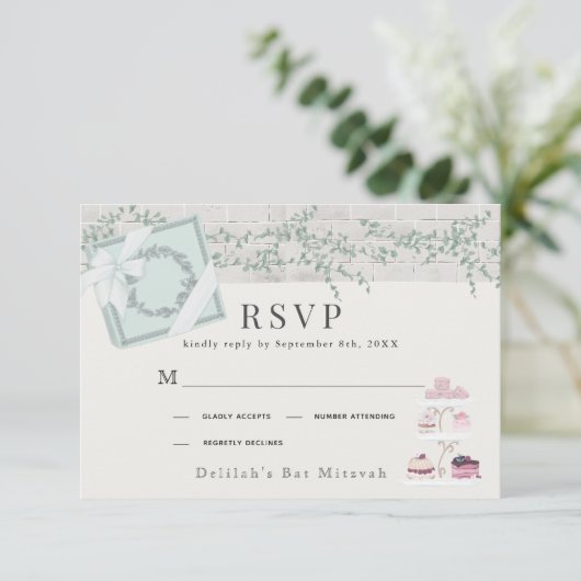 Franse bakkerij Patisserie Paris Green Bat Mitswa RSVP Kaartje (Staand voorkant)